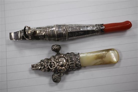 A George III silver childs whistle with coral teether & 3 others.